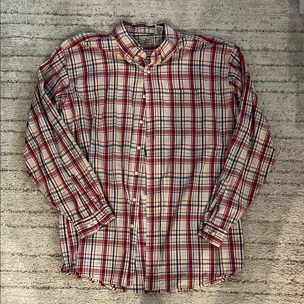 L.L. Bean Red and White Casual Button Down Shirt